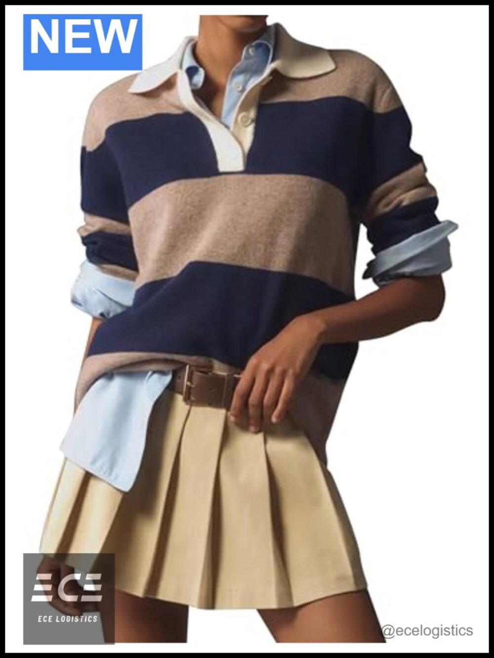 Women's Striped V-Neck Polo Pullover Sweater Long Sleeve